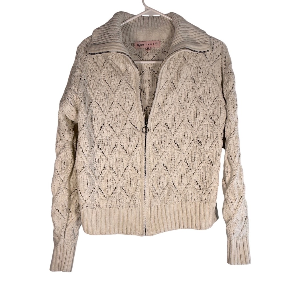 Crave Fame Almost Famous Cream Diamond Pointelle Zip Cardigan Sweater RAF7570MC